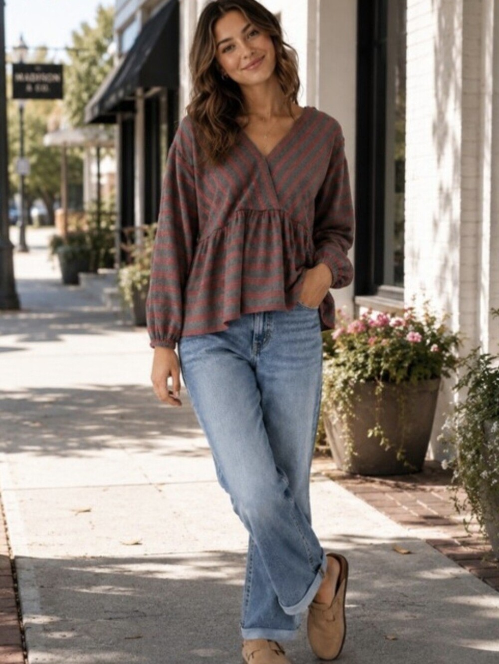 Madewell Striped Bubble-Sleeve Peplum Top.
